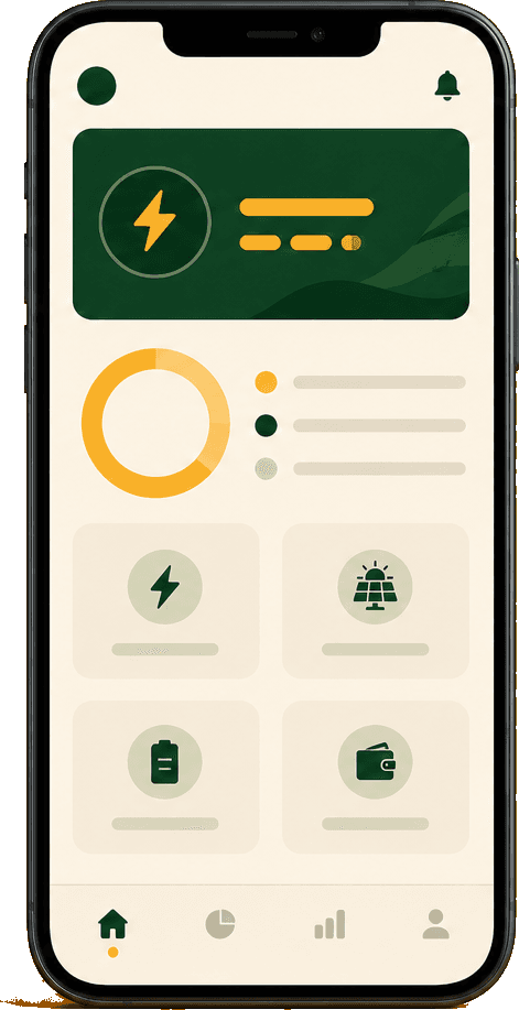 The Betapawa mobile app showing a power balance ring and quick actions for usage, solar, battery and wallet