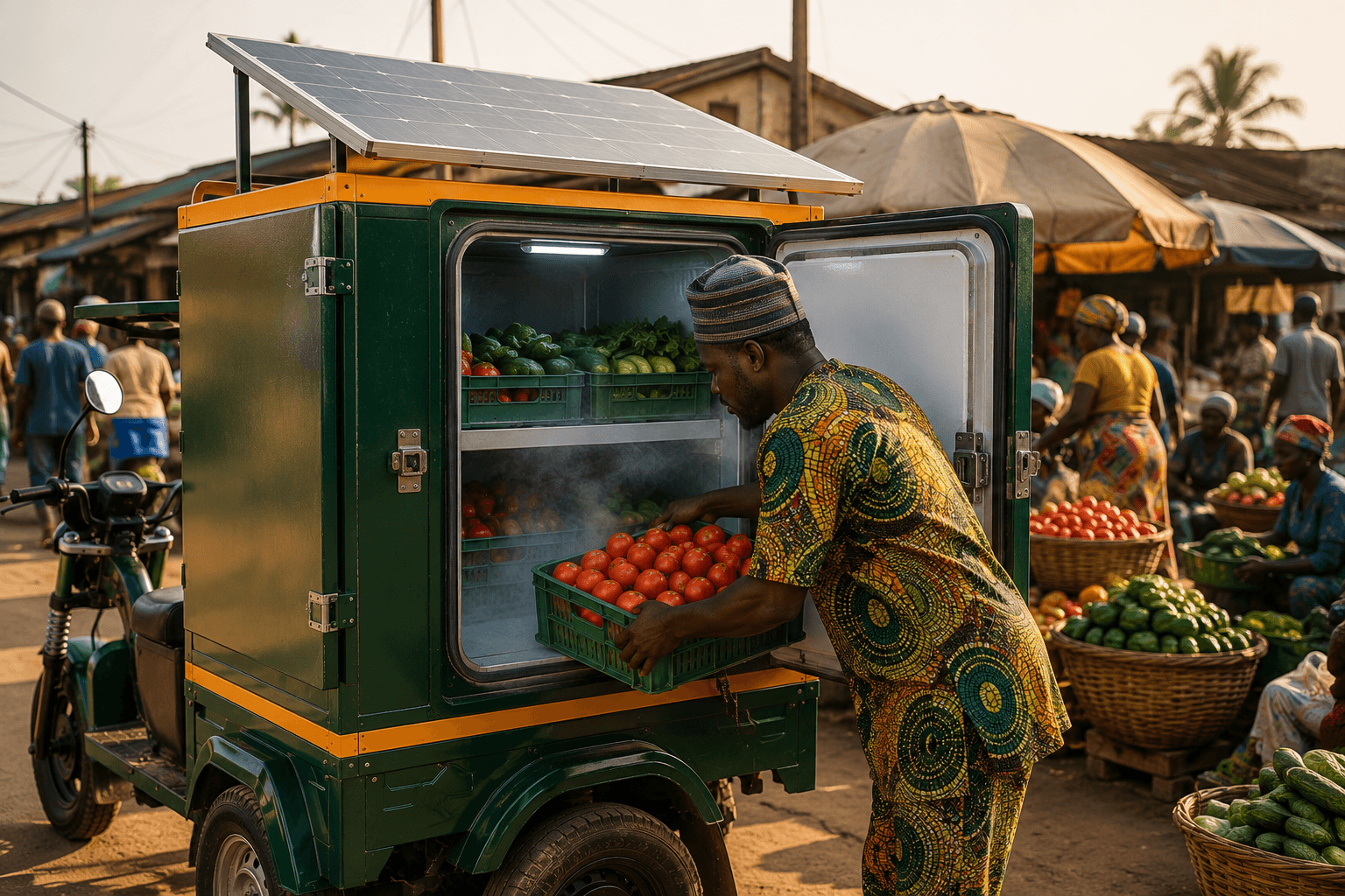 A market trader loading a crate of tomatoes into the chilled cargo box of a Betapawa solar tricycle