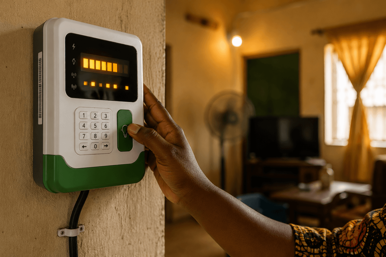 A hand pressing the button on a wall-mounted prepaid smart meter glowing with amber credit bars