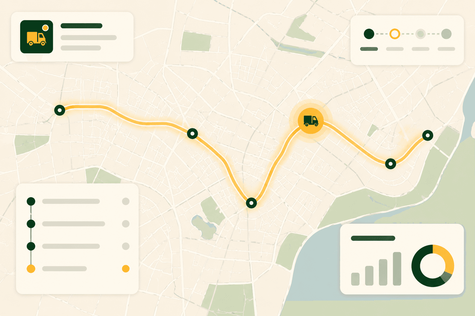 A map showing an amber delivery route threading between stops across a city, with a live vehicle marker